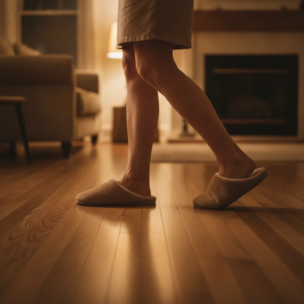 실내화를 신고 거실 마루를 걷는 사람의 발
