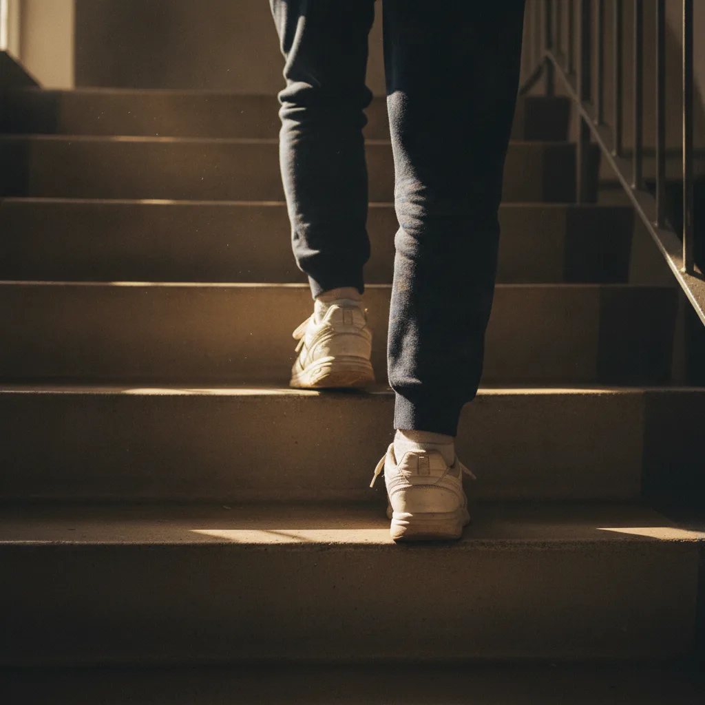 겨울 오후 아파트 계단을 걸어 올라가는 사람의 발걸음