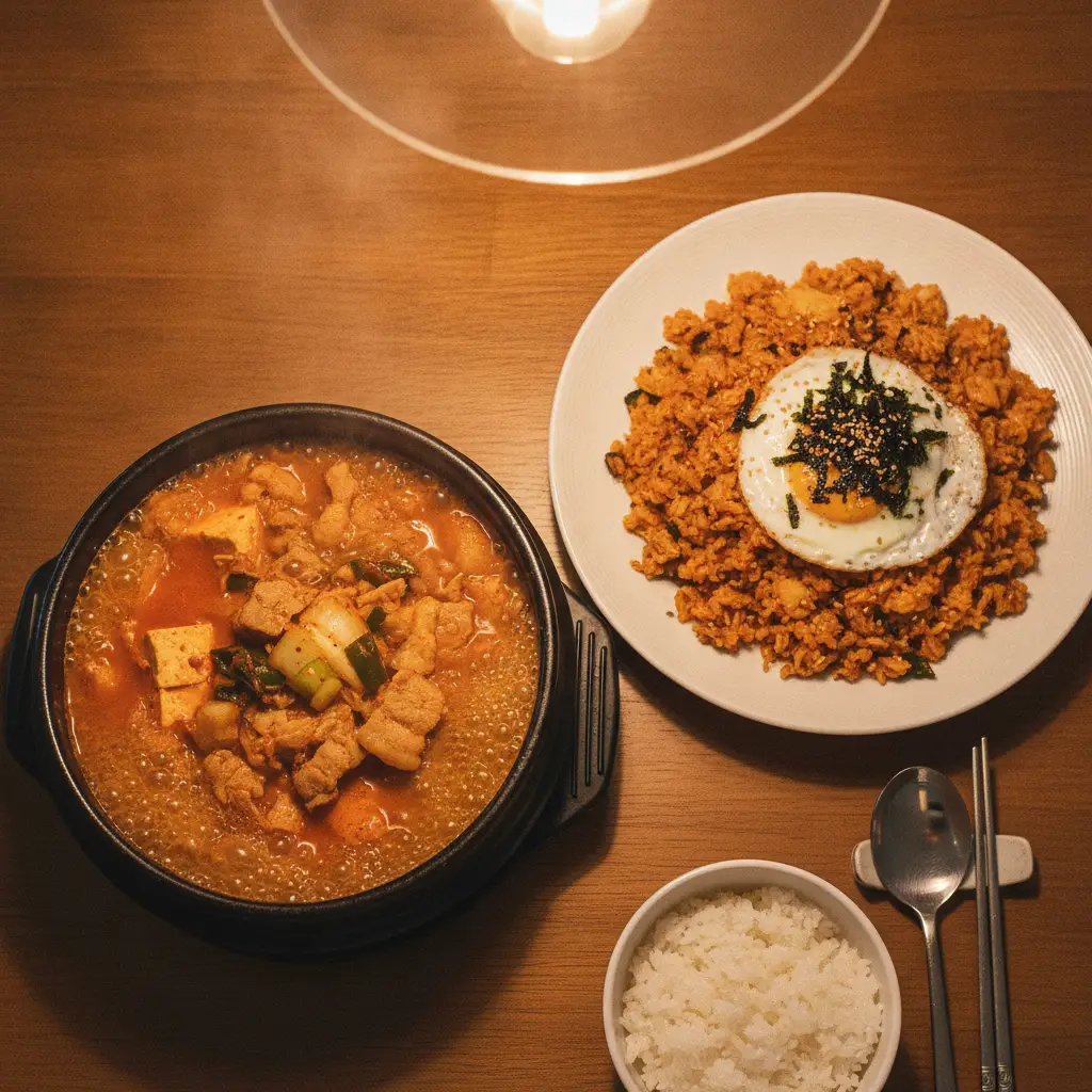 냄비에 끓고 있는 돼지고기 김치찌개와 김치볶음밥 한 접시