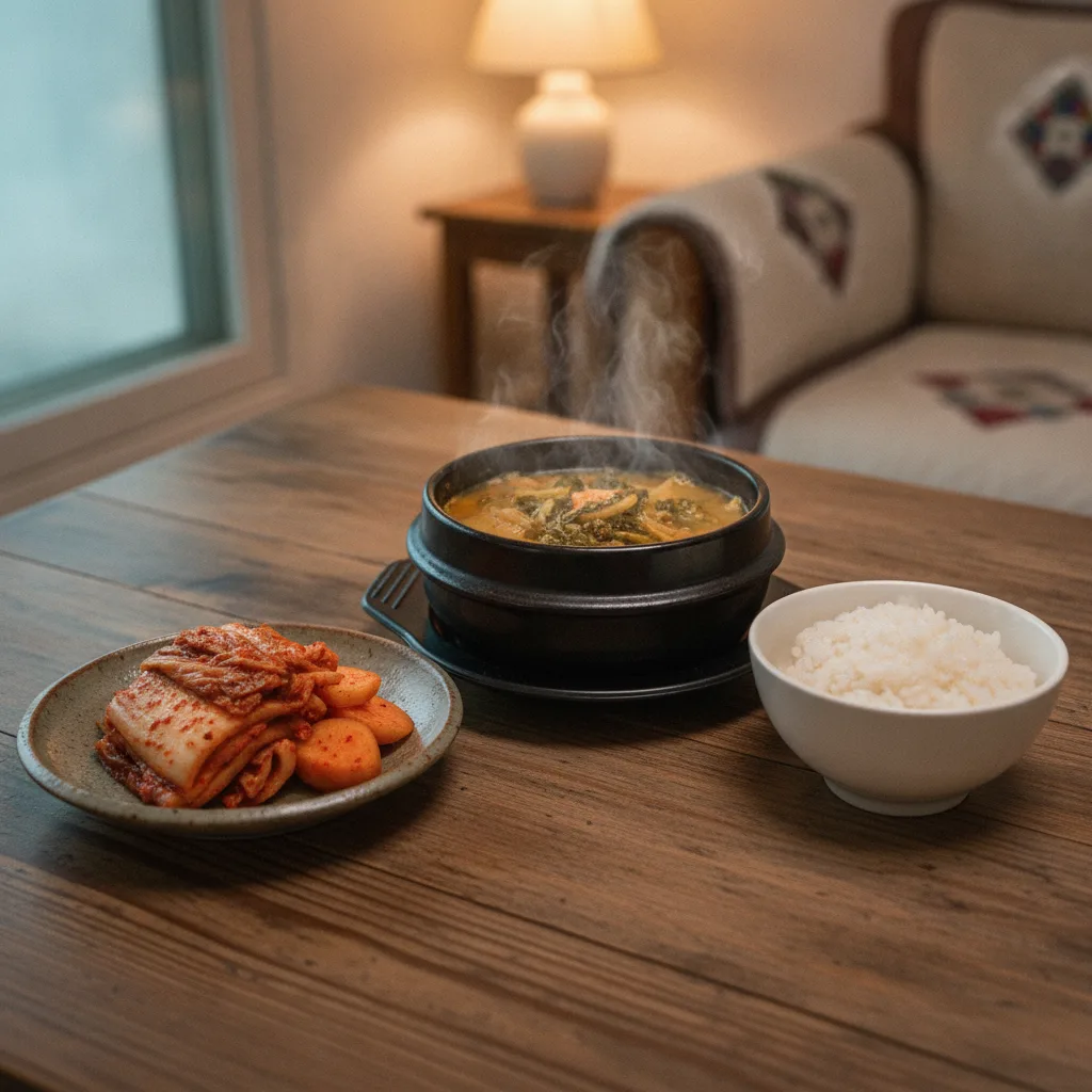 뚝배기에 끓인 우거지 된장국과 밥이 차려진 식탁