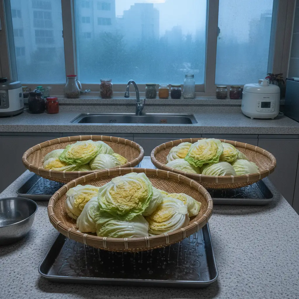 이른 아침 주방 소쿠리에 엎어 물을 빼는 절임배추