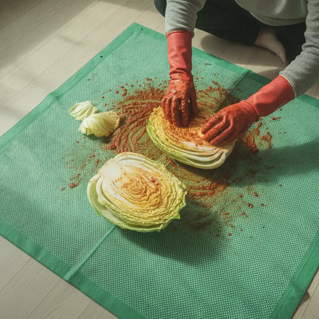 김장 매트 위에서 배추 잎 사이에 양념 속을 넣는 손