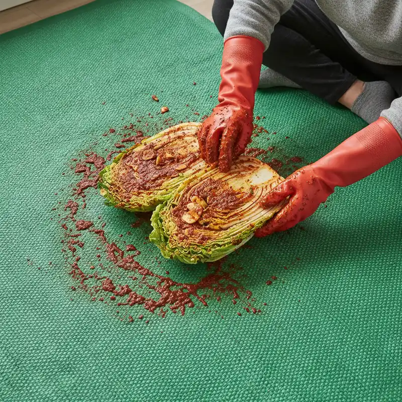 절임배추 잎 사이사이에 양념 속을 넣는 고무장갑 낀 손