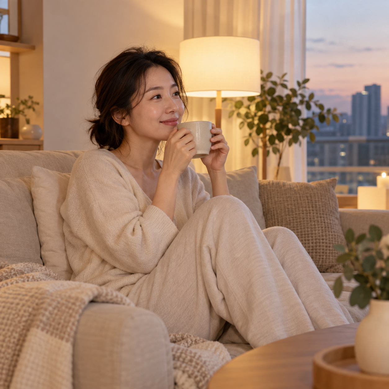 홈케어를 마치고 따뜻한 차를 마시며 쉬는 거실 풍경