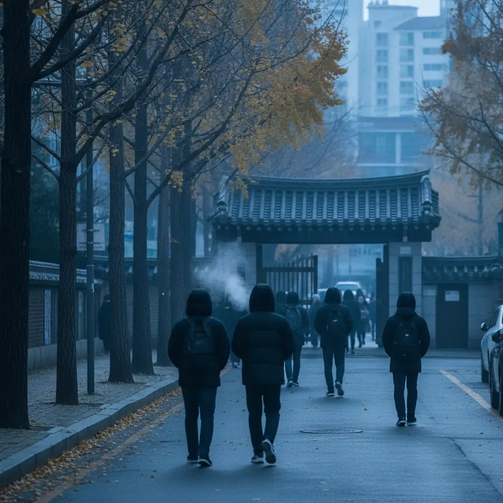 11월 아침 학교 정문 앞 입김이 나는 추운 거리와 사람들 뒷모습