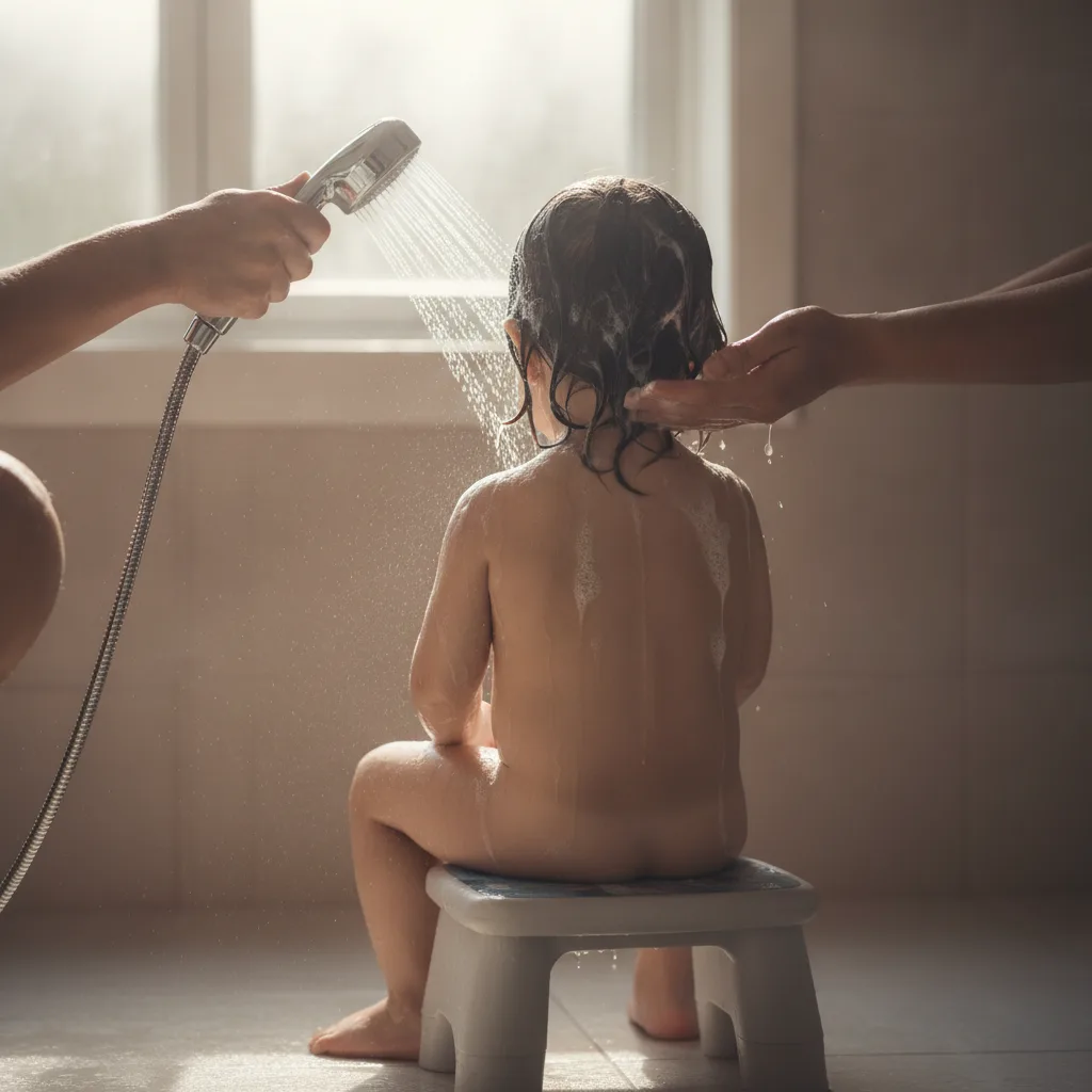 어른의 손이 아이 뒷머리의 거품을 샤워기로 헹궈 주는 뒷모습
