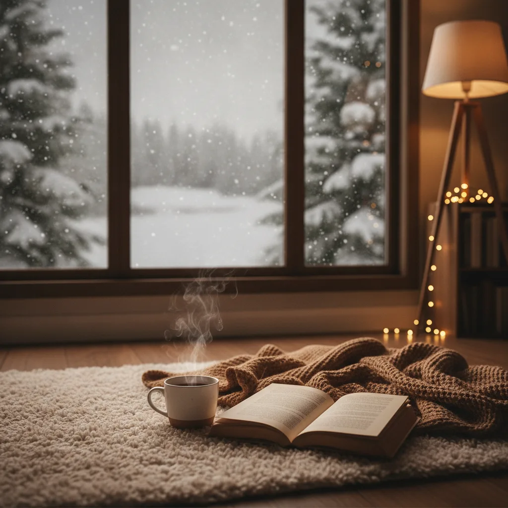 겨울 거실 바닥 러그 위에 놓인 찻잔과 책, 창밖에 눈 내리는 풍경