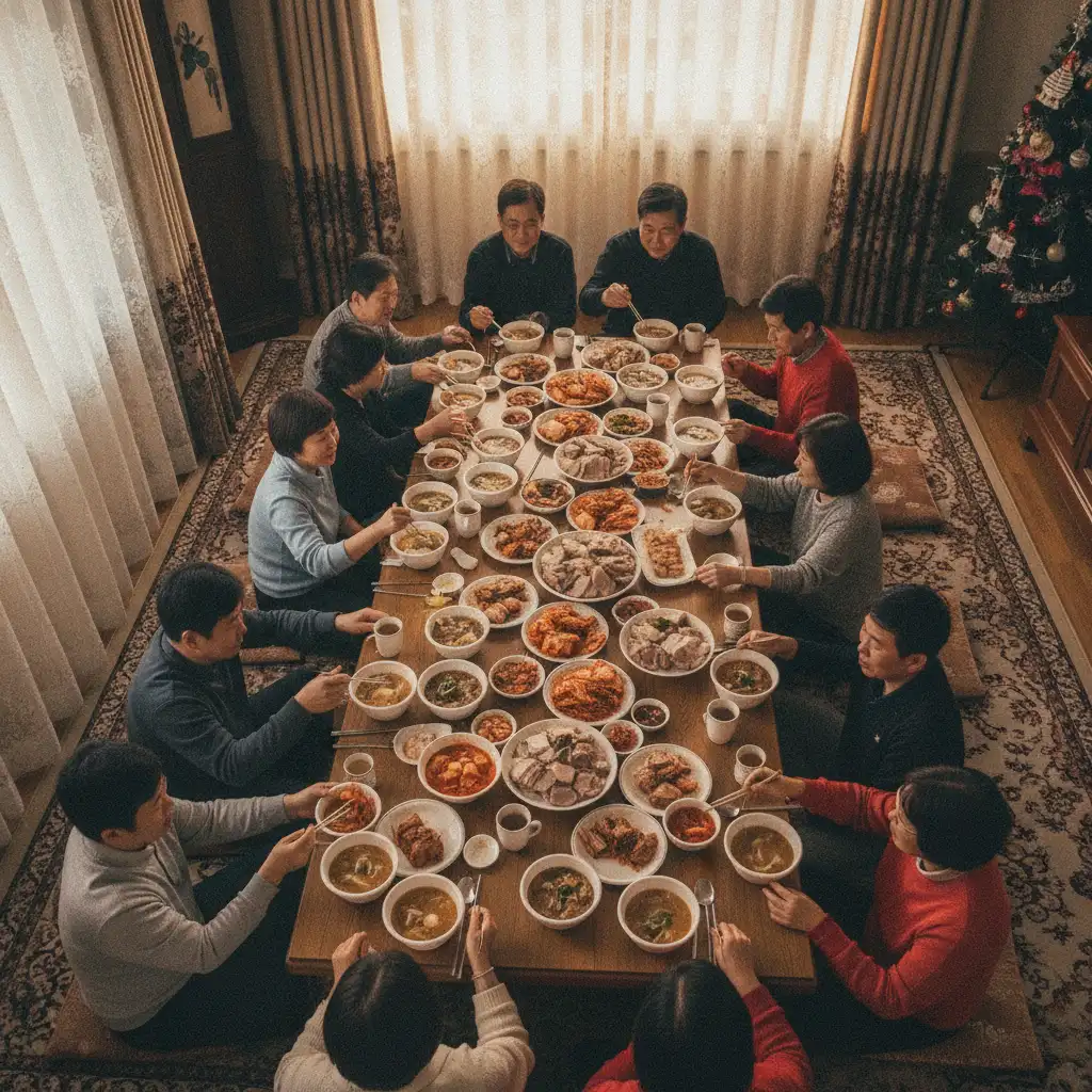 손님 많은 날 식탁에 국과 반찬을 나눠 담아 차린 모습