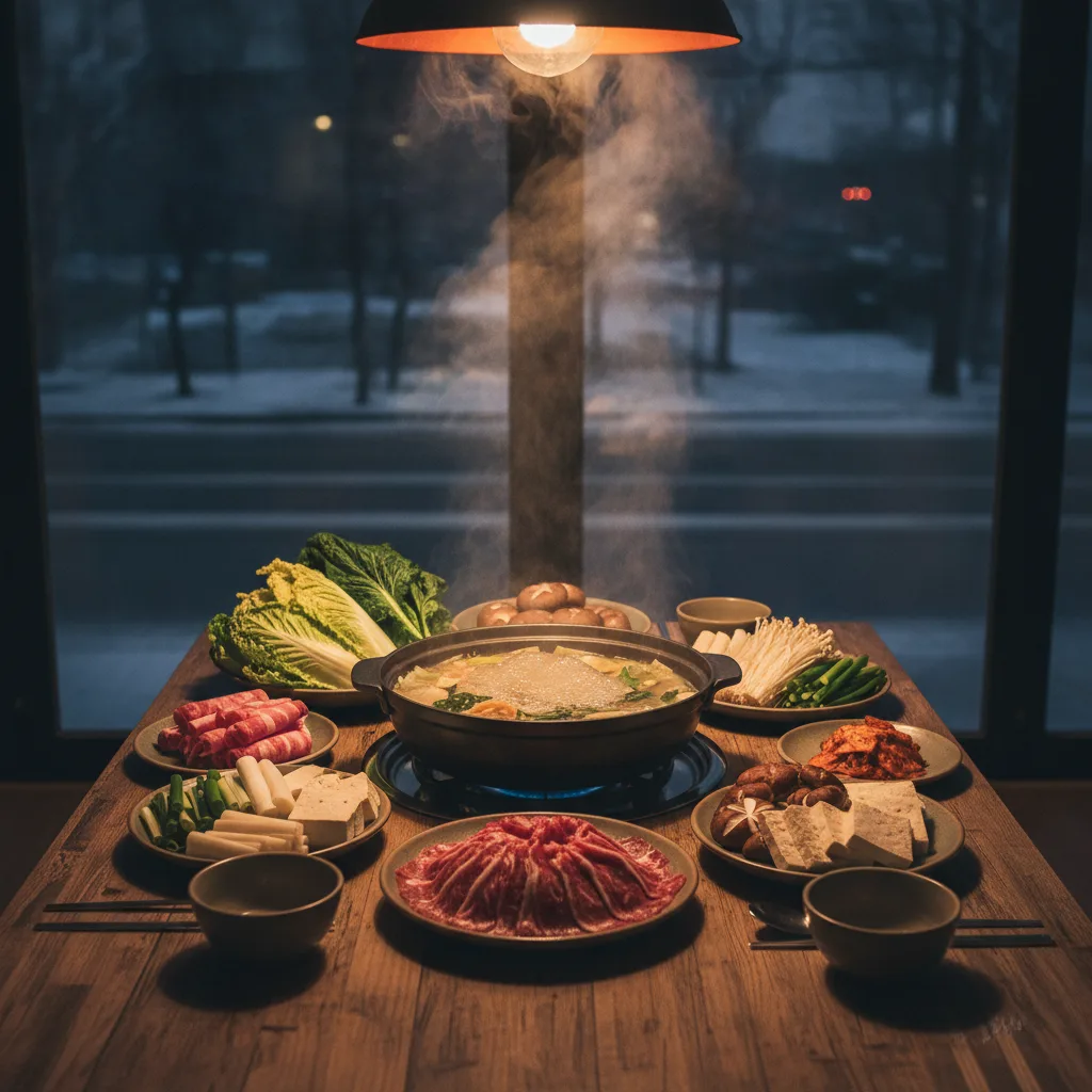 겨울 저녁 식탁 위에서 전골이 끓고 있는 따뜻한 장면