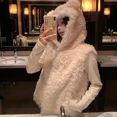 여자 겨울 귀여운 패션 곰돌이 퍼 후드 조끼 패딩 대표 이미지