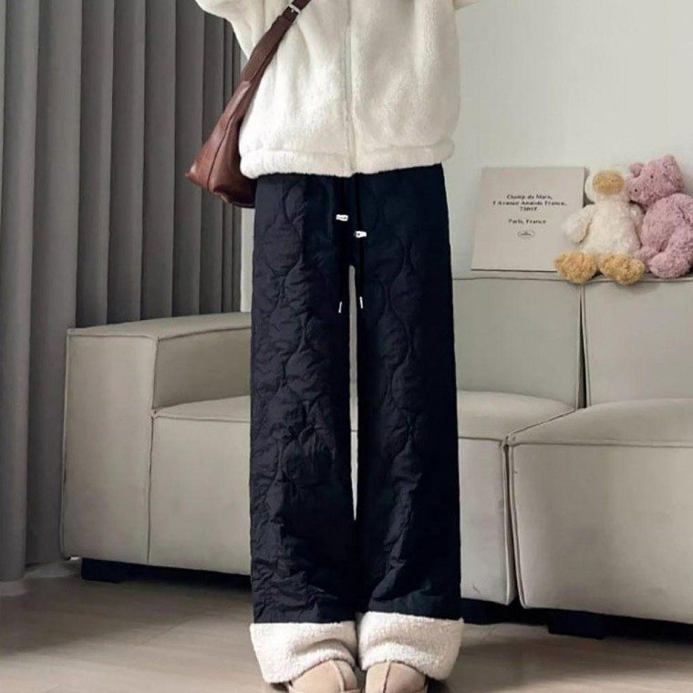바지 여자 외출 방한 바지 기모 안감 퍼 롤 와이드 밴딩