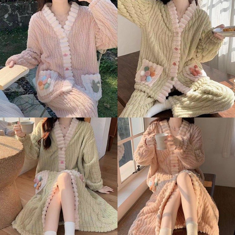 브이넥 버튼 극세사 수면잠옷 잠옷/홈웨어 대표 이미지