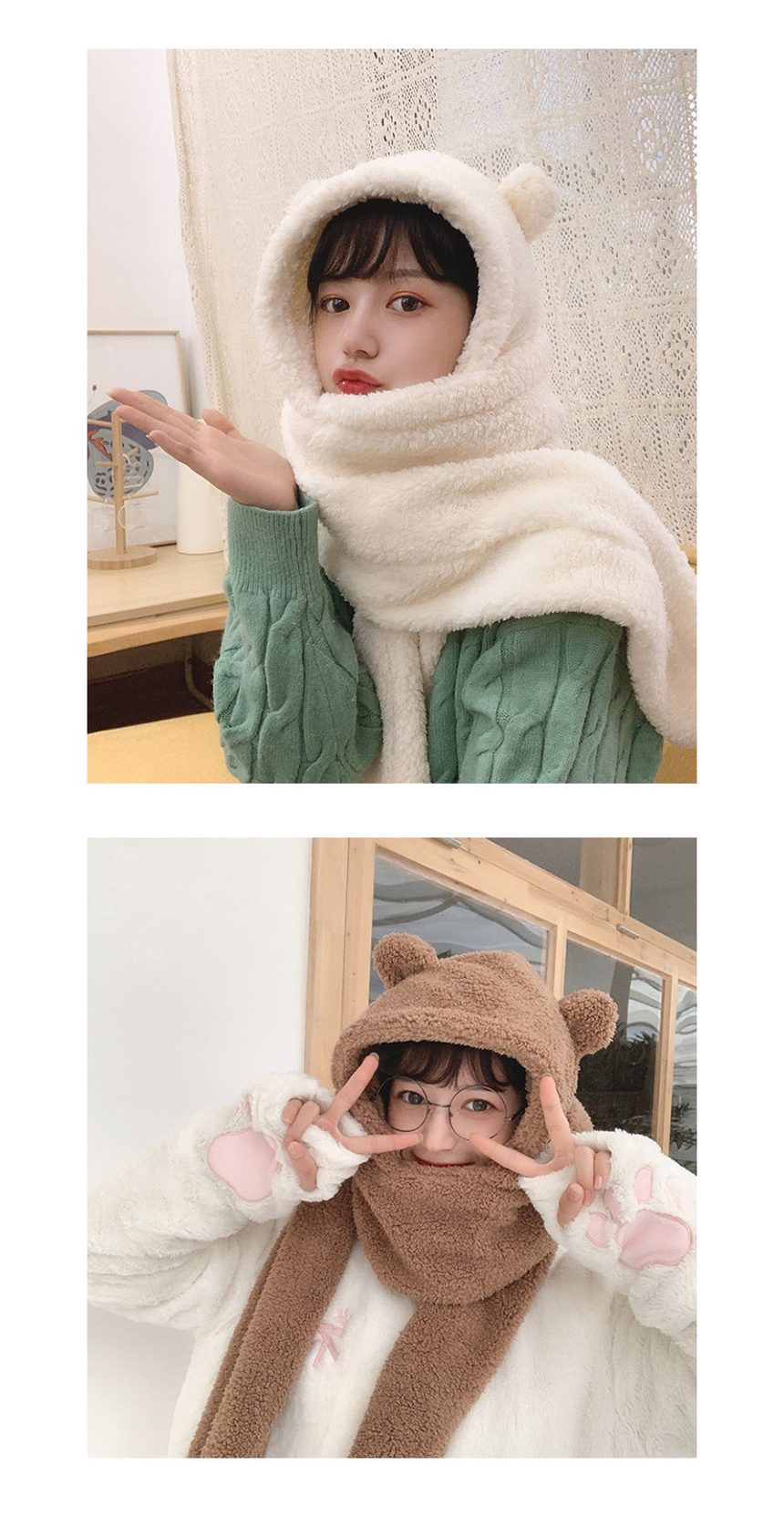 모자 목도리 일체형 베어 목도리모자 귀달이모자 털모자 3개 묶음 상세 이미지 3