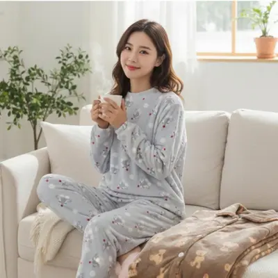극세사수면잠옷 여성 2개 겨울 홈웨어 파자마 세트 대표 이미지