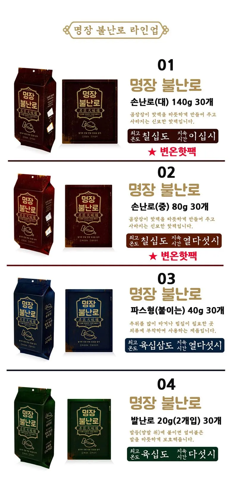 대한민국제조 30개입 변온핫팩 5종모음 불난로핫팩 상세 이미지 2