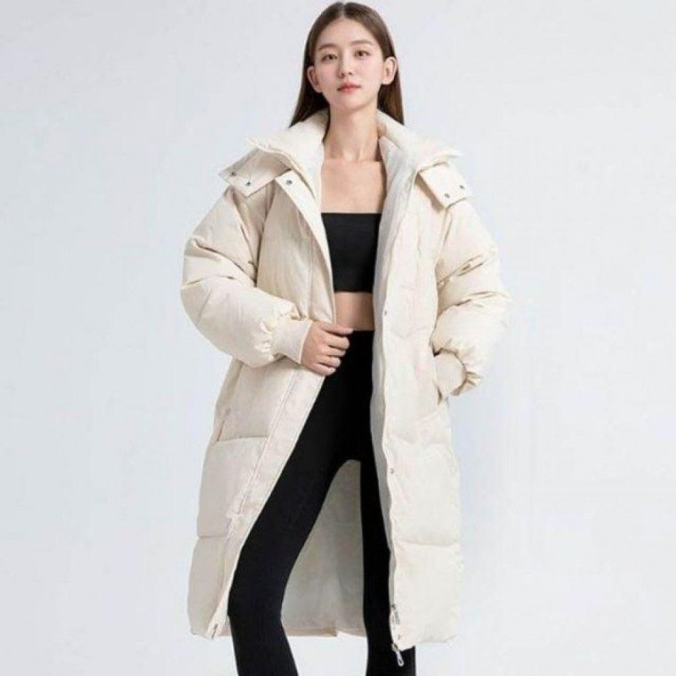 여성 하이넥 후드 롱패딩 점퍼 퀼팅 패딩 무릎 기장 대표 이미지