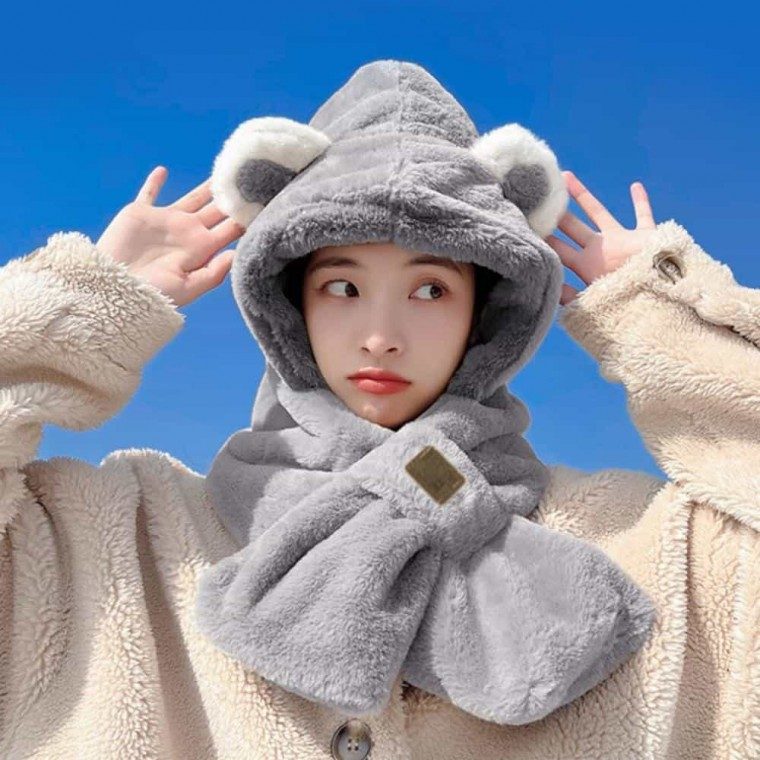 곰돌이 모자목도리 일체형 피초 방한모자 대표 이미지