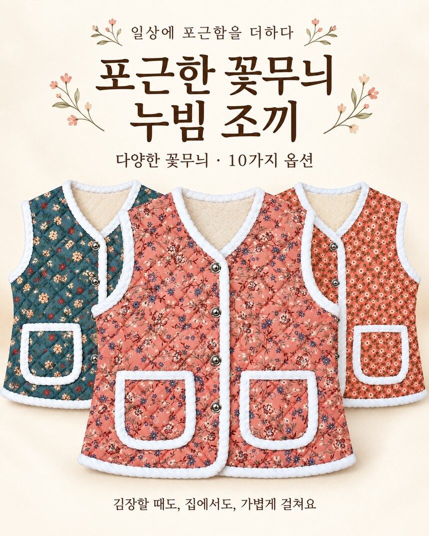 꽃무늬 누빔조끼 김장조끼 할머니조끼 여성 3개 묶음 상세 이미지 2