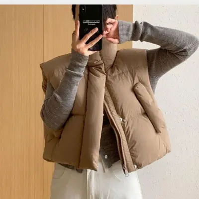 스트링 세미크롭 여성 패딩 하이넥 포켓 스트링조끼 대표 이미지