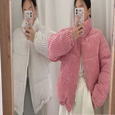 점퍼 집업 골덴 하이넥 숏패딩 여자 웰론 코듀로이 대표 이미지