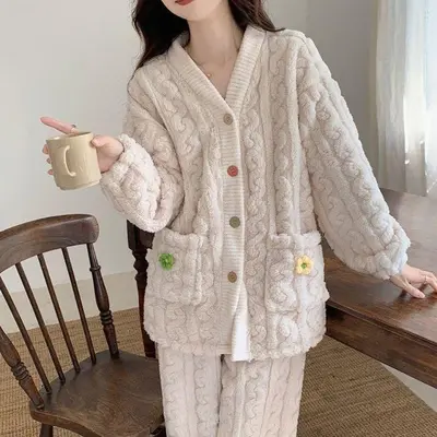 여자 귀여운 홈웨어 컬러 단추 플라워 포인트 내복 대표 이미지