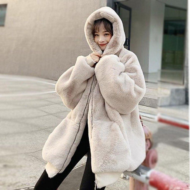 오버핏 페이크 핑크 퍼 예쁜 캐주얼 여성 후드 점퍼 대표 이미지