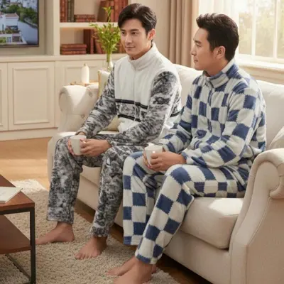극세사 남자 지퍼 수면 잠옷 부드러운 보온 잠옷/홈웨어 대표 이미지