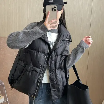 루즈핏스트링패딩조끼 하이넥 경량 패딩조끼 여성조끼 대표 이미지