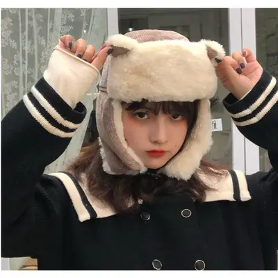 - 여성 냐옹이 골덴 항공퍼모자 겨울모자 귀달이모자 대표 이미지