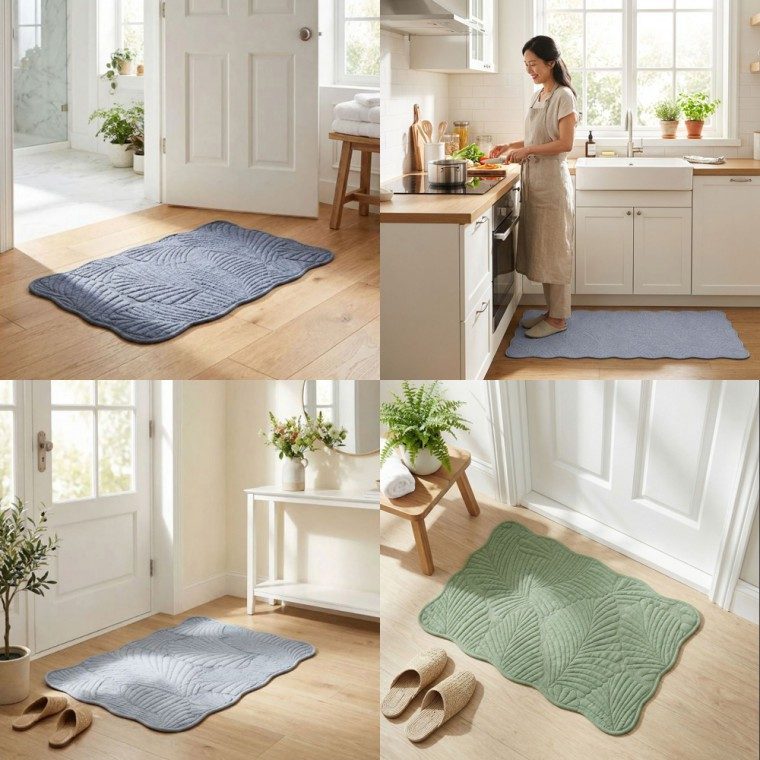 현관매트 발매트 순면 퀼팅 리프 무늬 현관 주방 싱크 매트 60x44