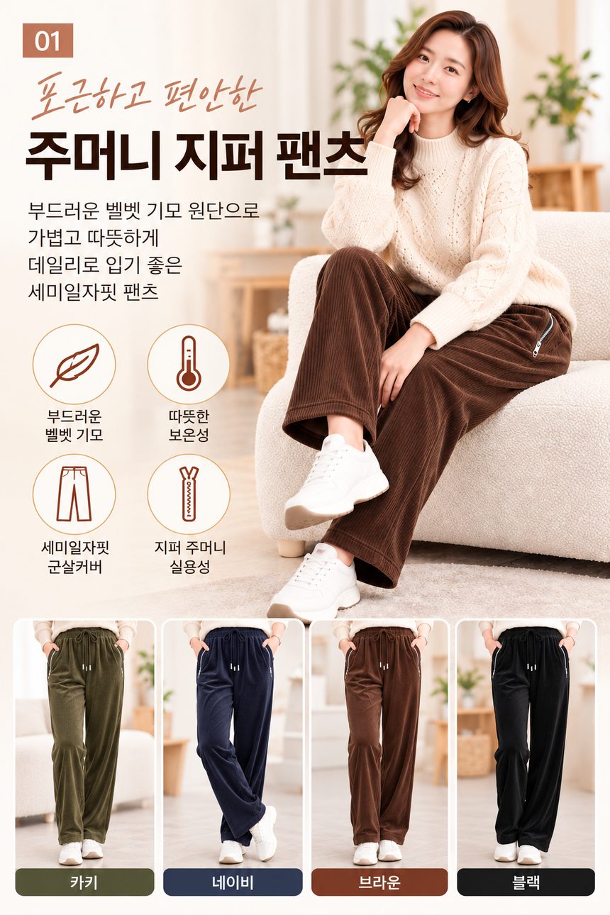 여성 기모 골지바지 코듀로이 세미일자 밴딩팬츠 겨울 상세 이미지 1
