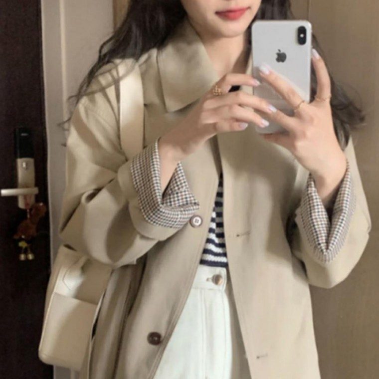 여성 체크 소매 포인트 가을 트렌치 롱 코트 2컬러 대표 이미지