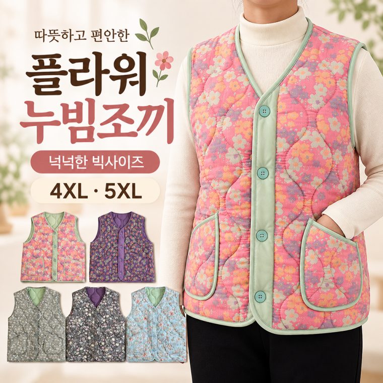 누빔조끼 플라워 엄마조끼 할머니조끼 4XL 5XL 대표 이미지