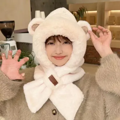 겨울 곰돌이 후드 귀달이 모자 목도리 캐릭터 귀달이모자 대표 이미지