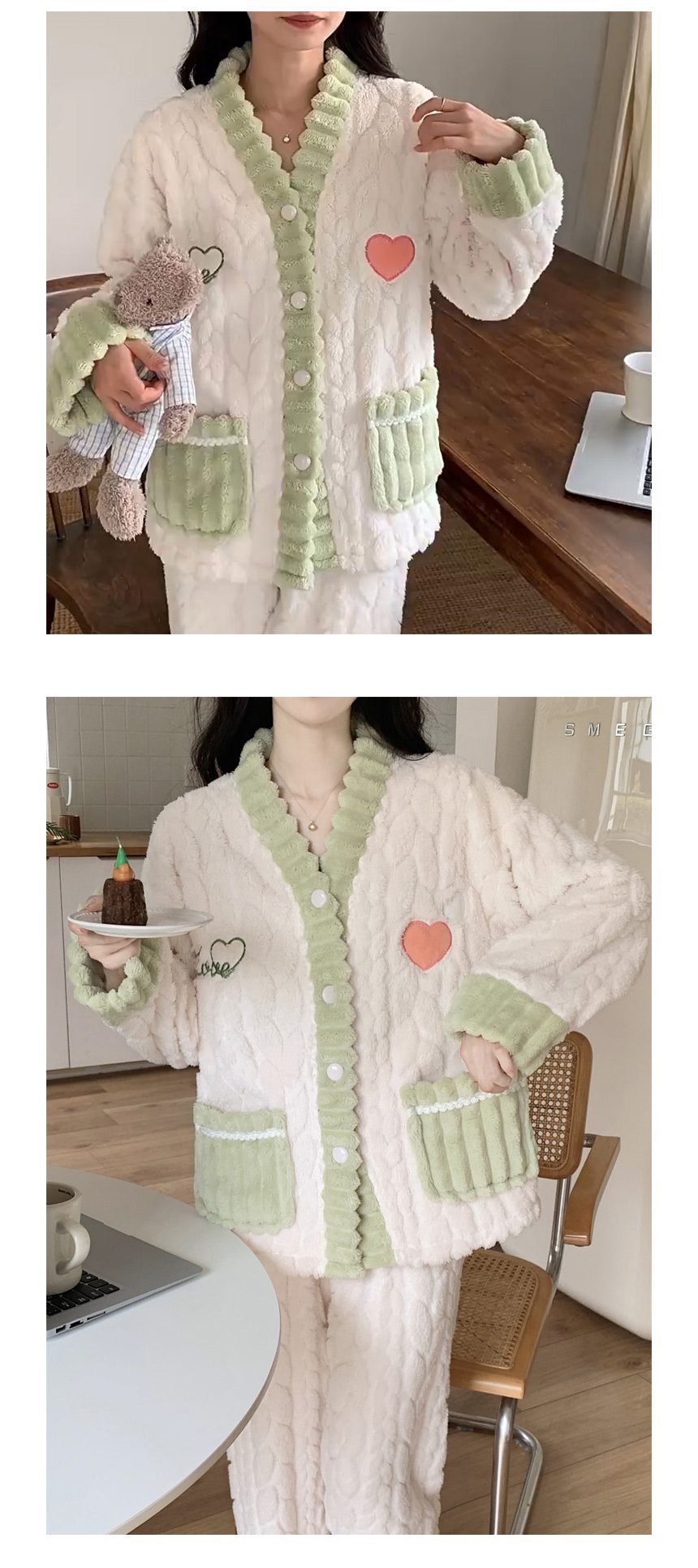 여성 플란넬 잠옷세트 홈웨어 파자마 겨울 수면바지 상세 이미지 3