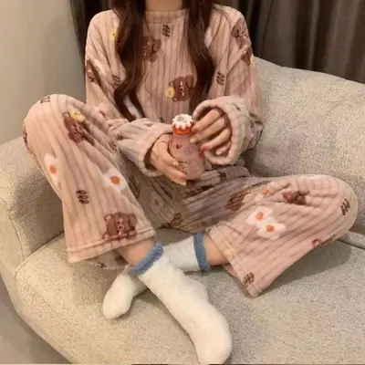 여자 겨울 잠옷 귀여품 패턴 극세사 골지 긴팔 내복 대표 이미지