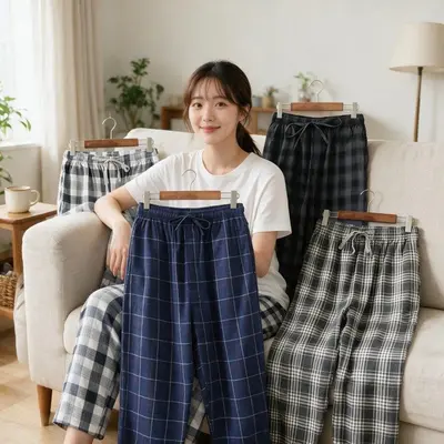 파자마 면바지 체크무늬 잠옷 홈웨어 라운지웨어 일자 대표 이미지