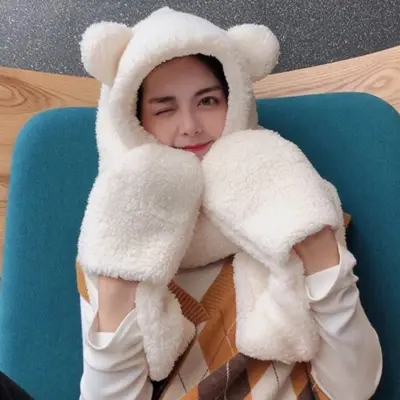 남녀공용 곰돌이 모자 목도리 장갑 귀도리 귀달이모자 3개 묶음 대표 이미지