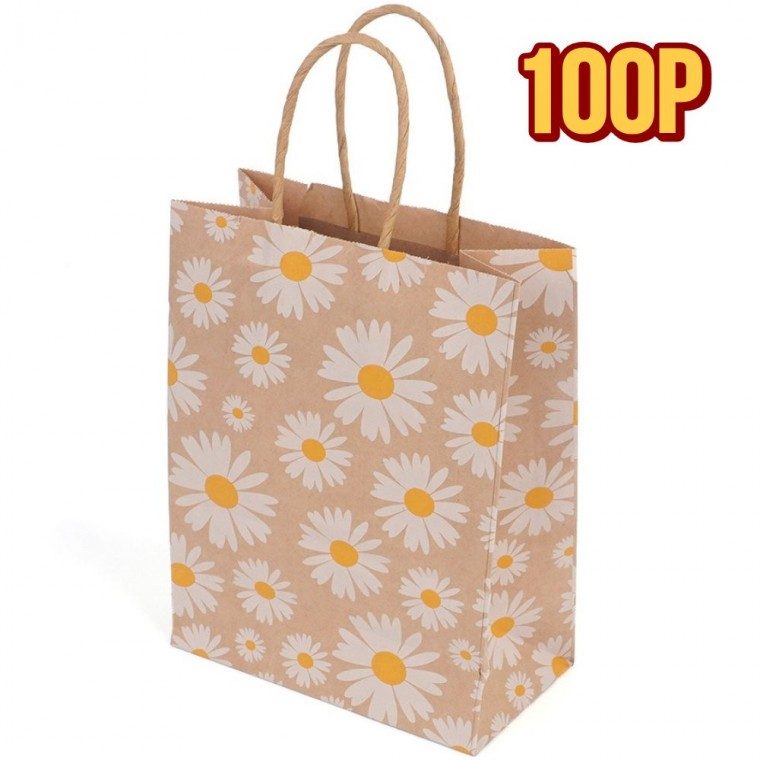 100P 데이지 꽃무늬 크라프트 종이백 감성 쇼핑백 대표 이미지
