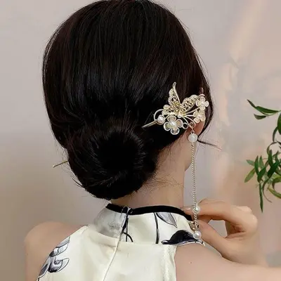 여자 올림머리 반묶음 예쁜 나비 진주 일자 헤어핀 3개 묶음 대표 이미지