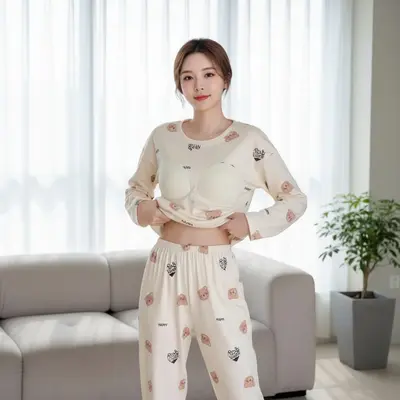 여성용 편안한 긴팔 캡 내장 실내복 하의 잠옷 잠옷/홈웨어 대표 이미지