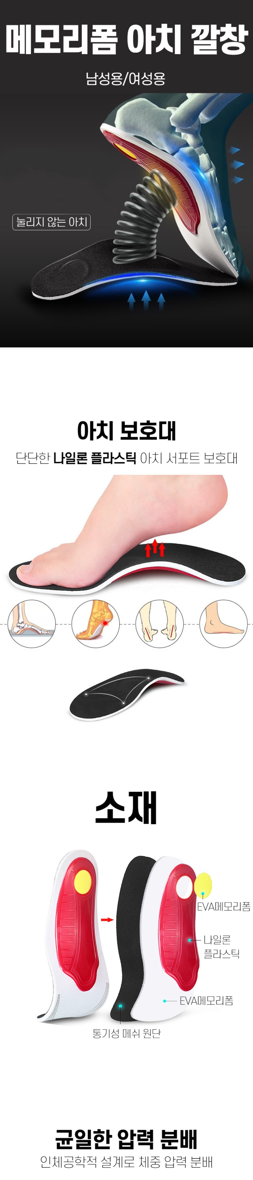 깔창 EVA 메모리쿠션 아치 신발깔창 남녀 3개 묶음 상세 이미지 1
