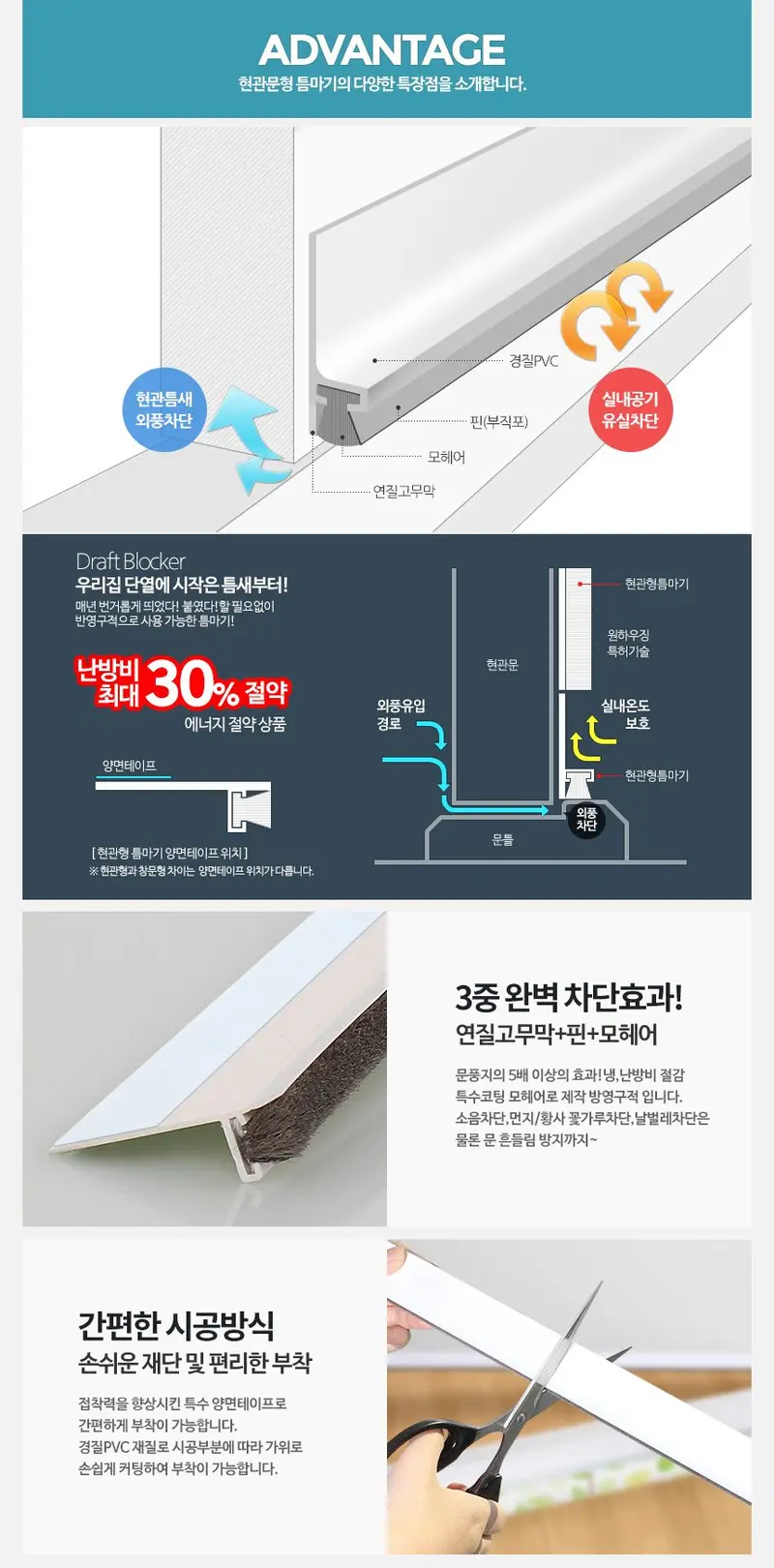 현관문 틈마기1.2M 방문문풍지 외풍차단 3개 묶음 상세 이미지 3
