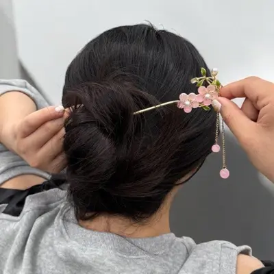 핑크꽃 진주알 한복 비녀 은비녀 머리장식 전통 3개 묶음 대표 이미지
