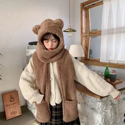 23021 뽀글이 곰돌이 모자목도리 일체형 귀달이모자 대표 이미지