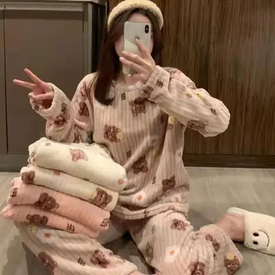 곰돌이 극세사 수면 잠옷 귀여운 홈웨어 상하의 잠옷/홈웨어 대표 이미지