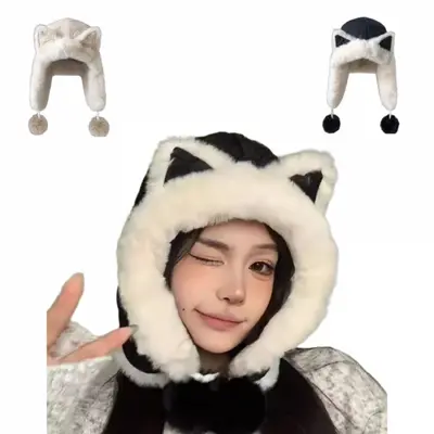 여성 여자 학생 겨울 방한 버킷햇 귀여운 고양이 귀달이모자 대표 이미지