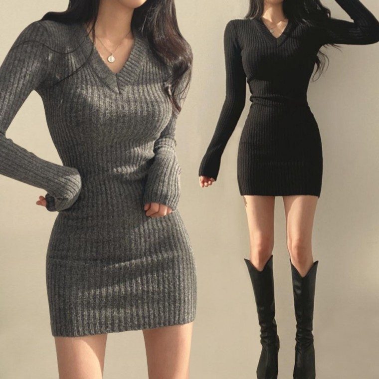 니트원피스 여성 슬림핏 미니 V넥 골지 파티룩 대표 이미지