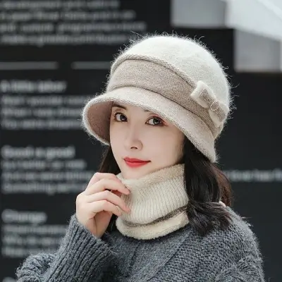 은창]워머 세트 리본 사이드 포인트 배색 모자 워머 대표 이미지