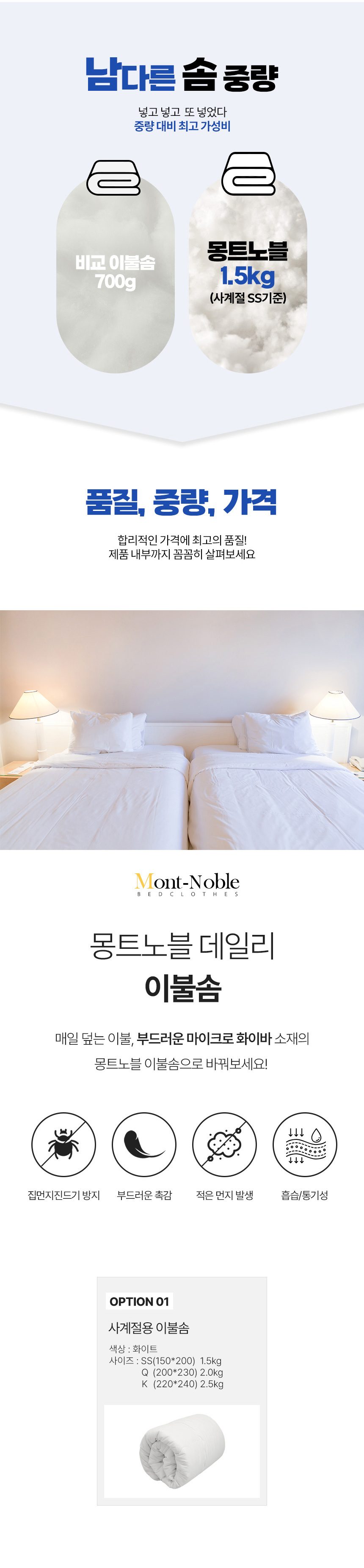 사계절 이불솜 더블싱글 퀸 킹 SS Q K 호텔 상세 이미지 1